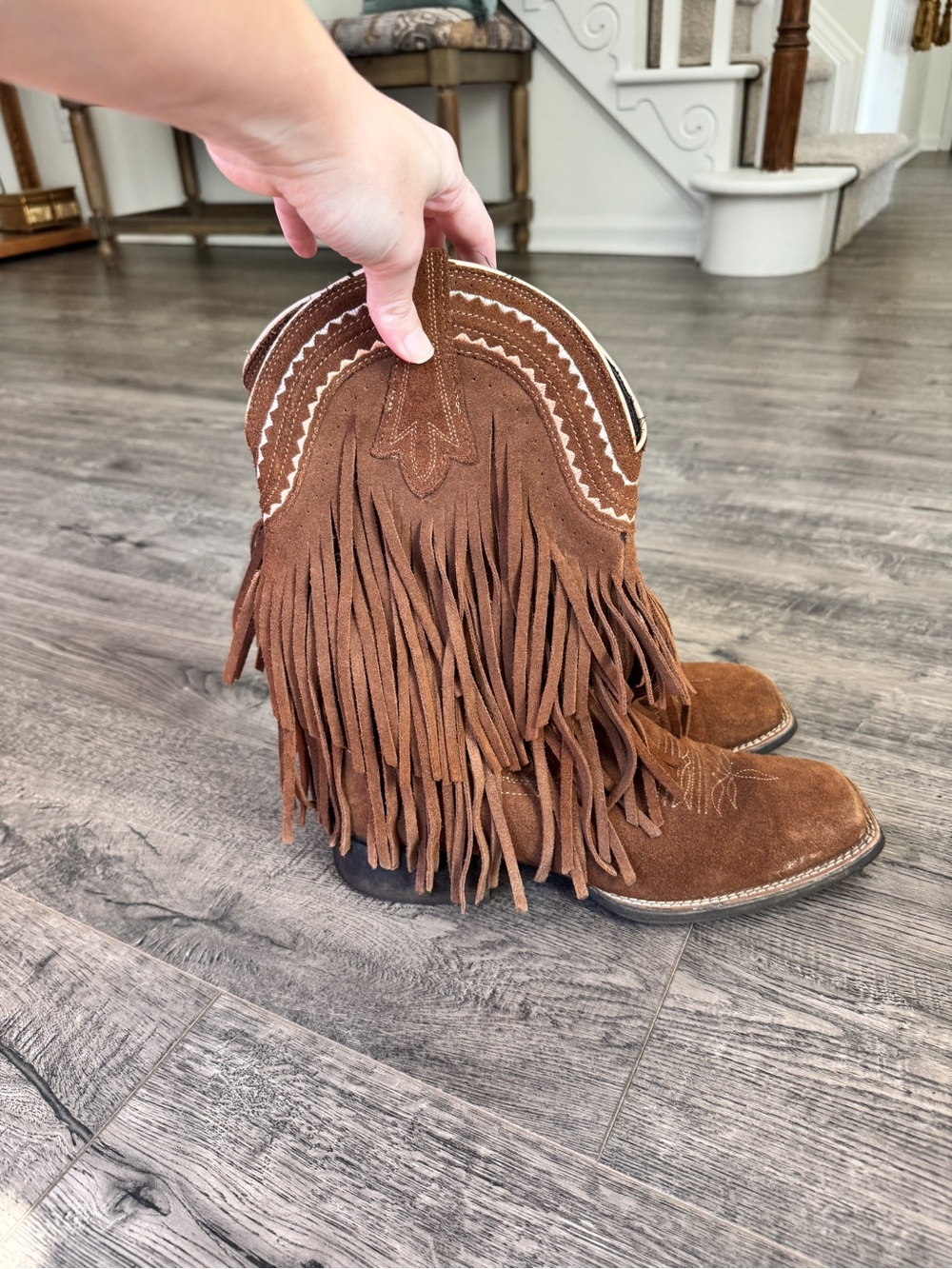 Ariat Tan Carmel Brown Fringe Squaretoed Suede Western Cowgirl Boots - Picture 2 of 8